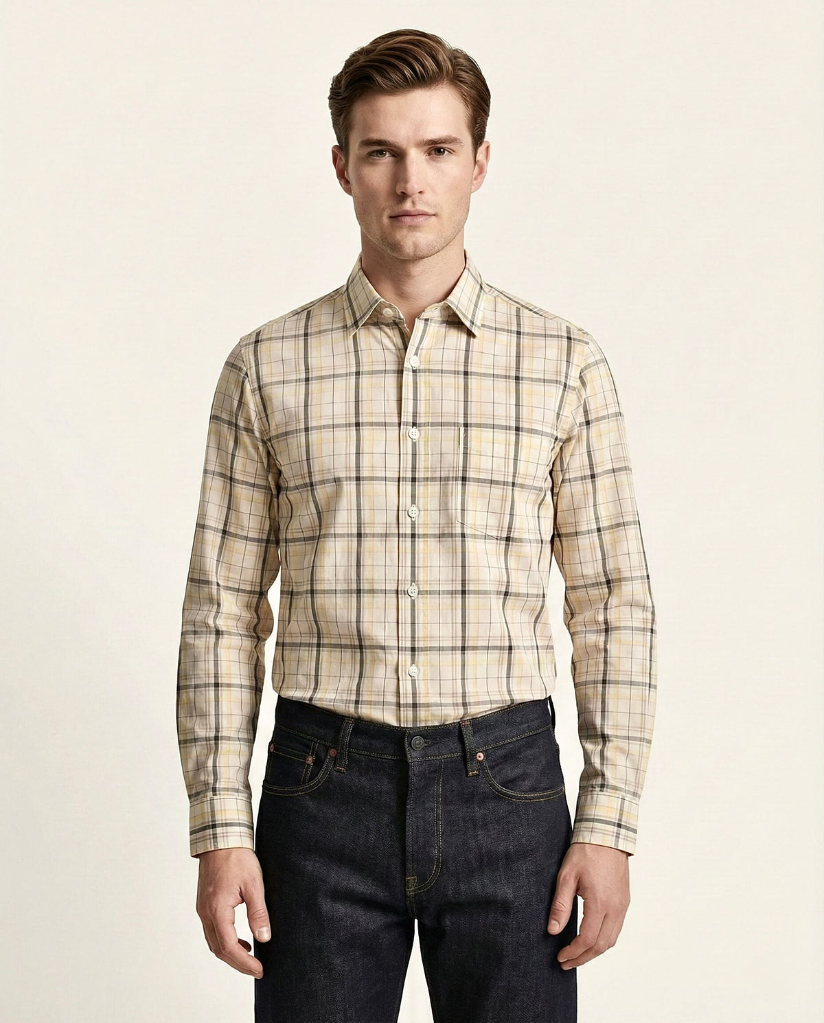 Yellow Tan Checkered Cotton Shirt