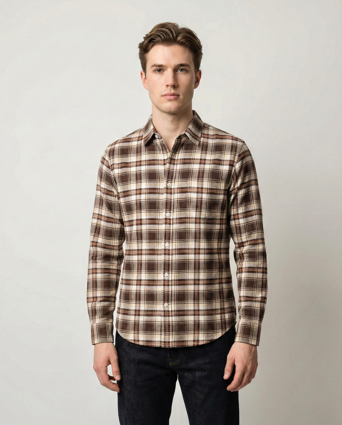 Brown and White Checkered Cotton Shirt