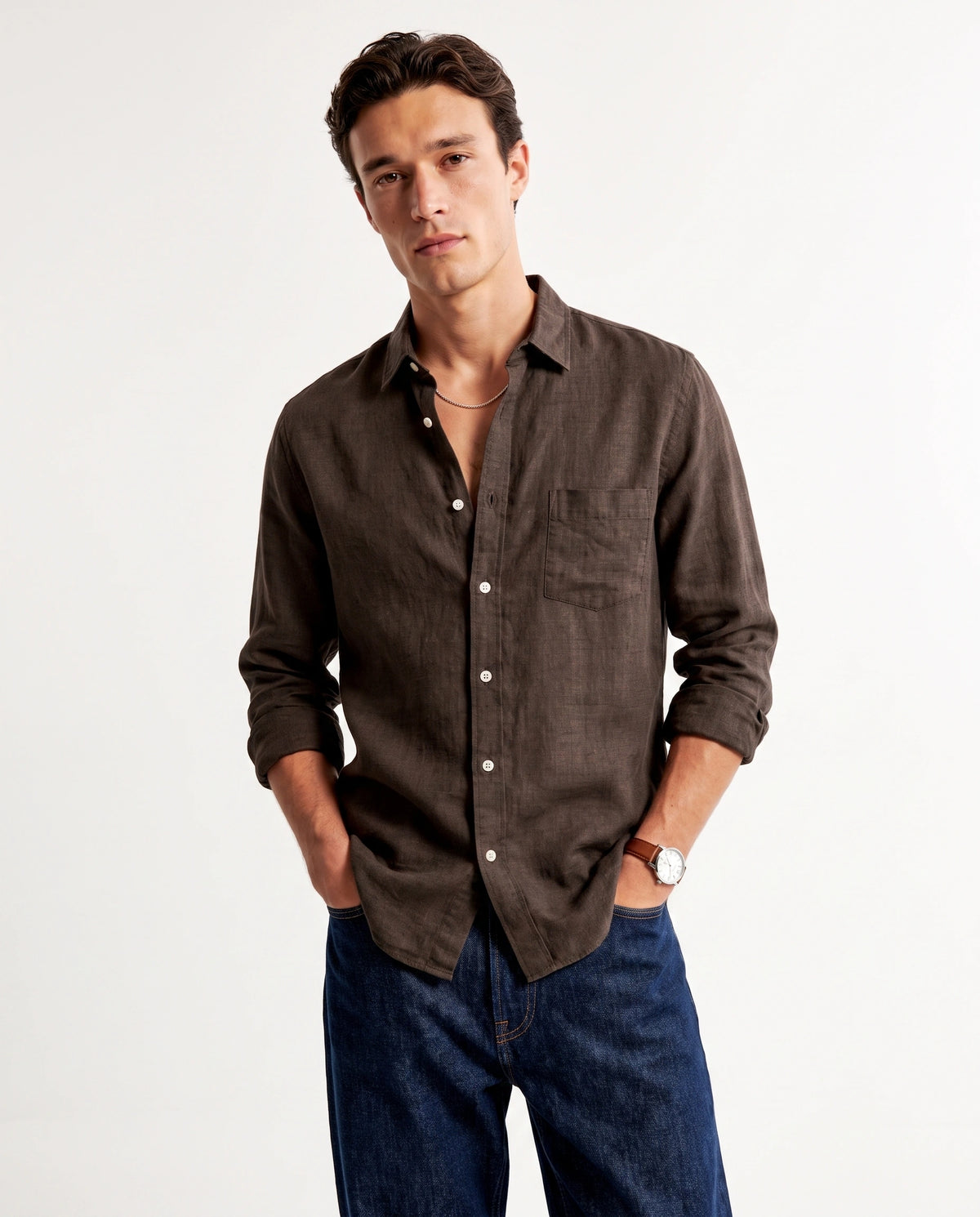 Wood Brown Linen Blend Shirt