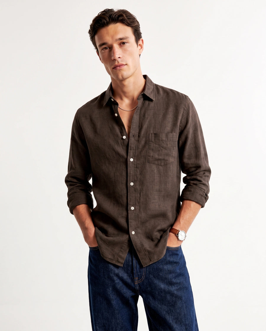 Wood Brown Linen Blend Shirt