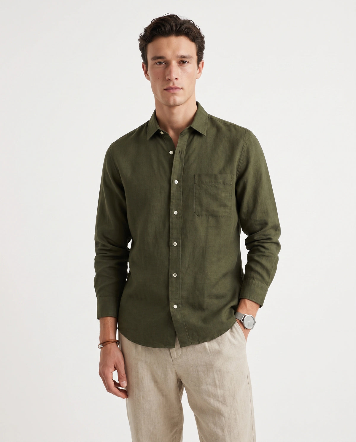 Olive Green 100% Linen 60 Lea Shirt - Warft
