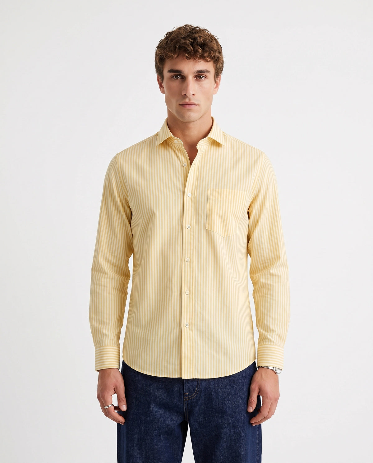 Yellow & White Striped Slim Cotton Shirt