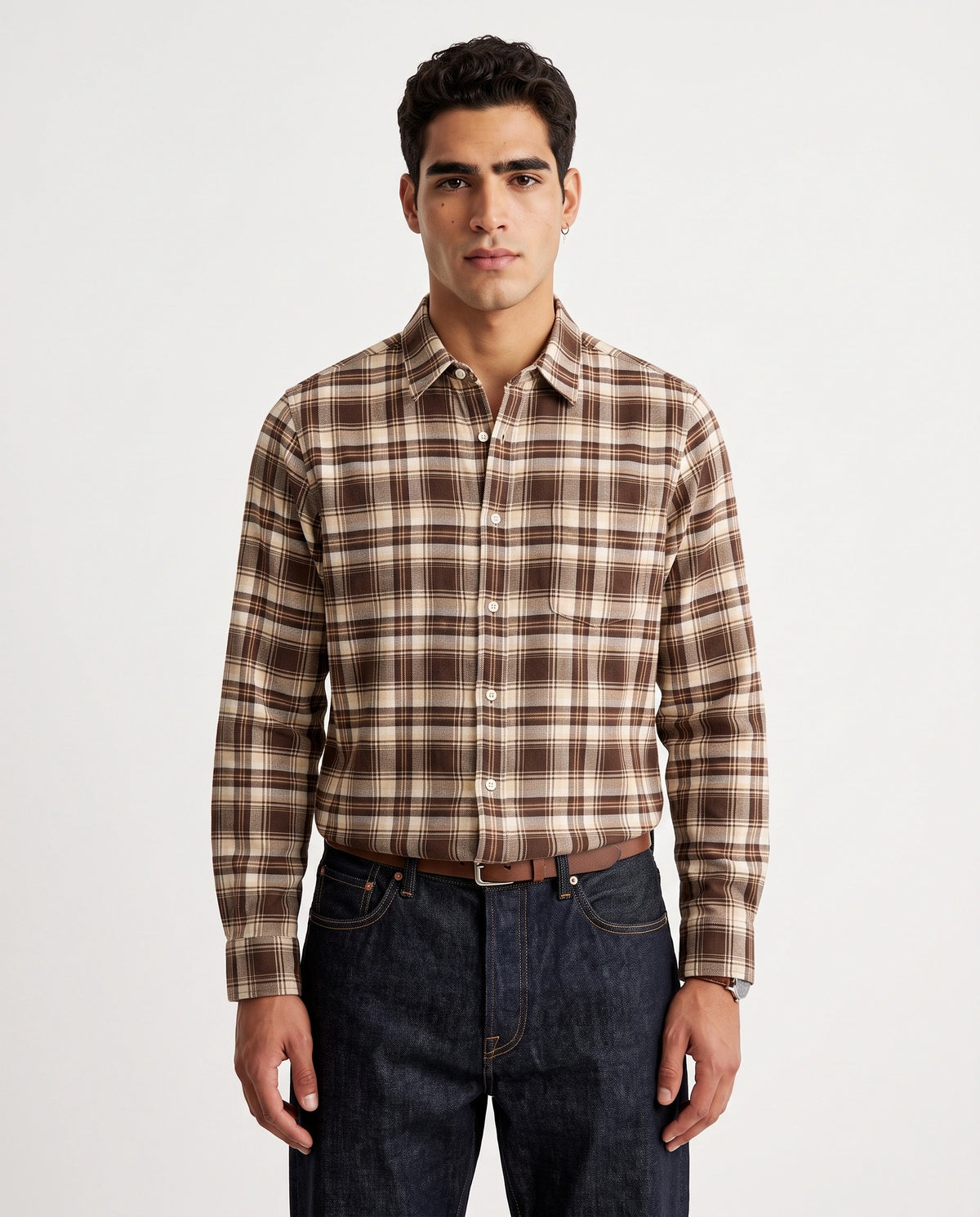 Brown and White Checkered Cotton Shirt