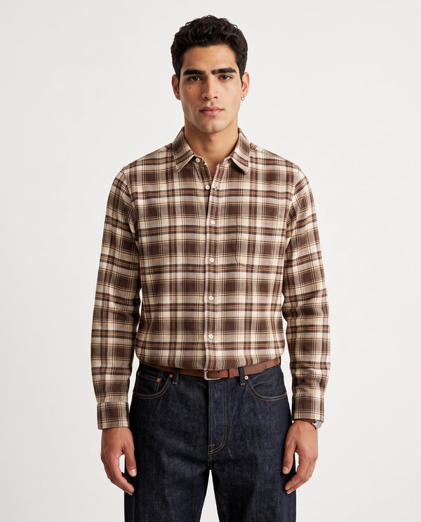 Brown and White Checkered Cotton Shirt