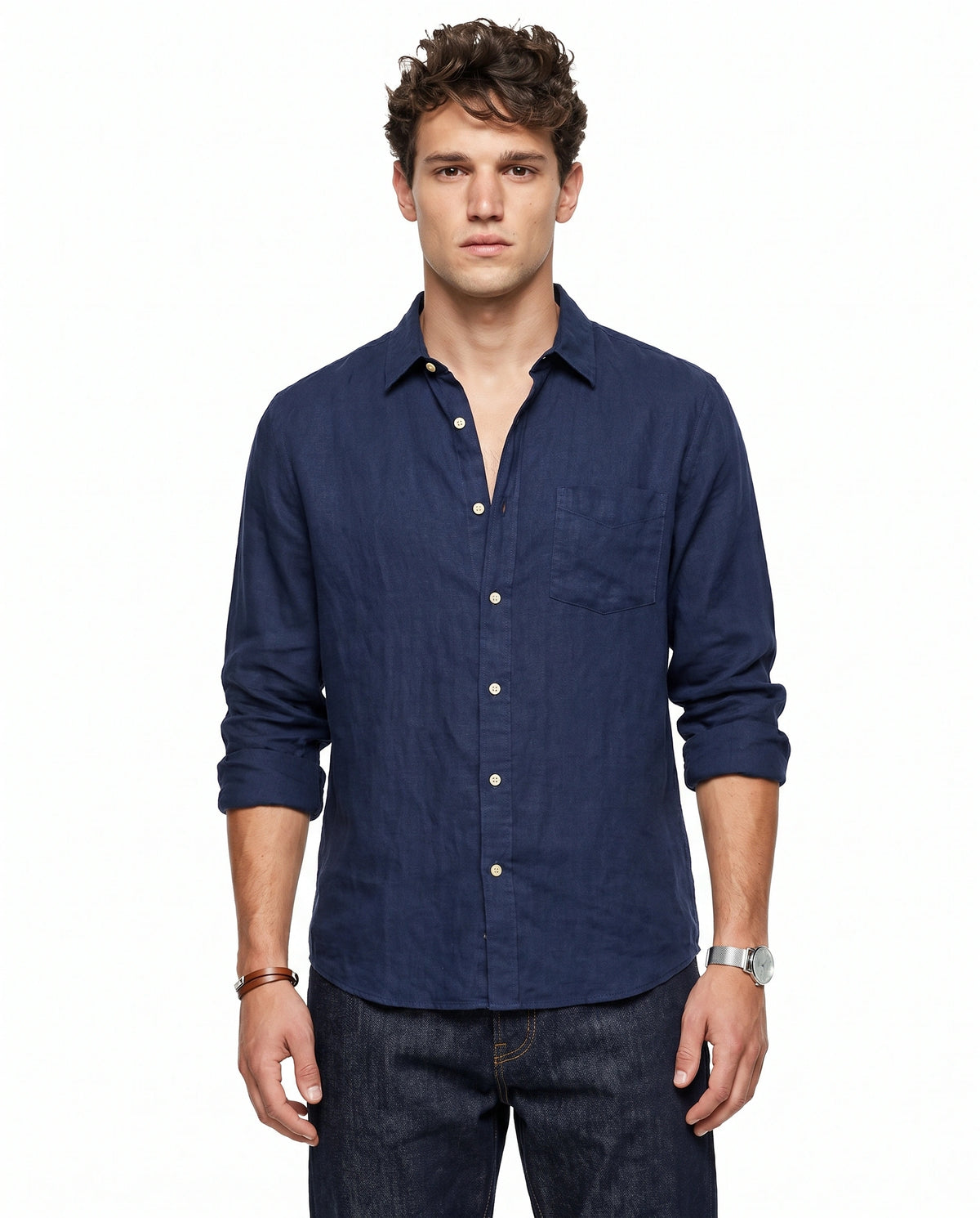 Navy Blue Linen Blend Shirt