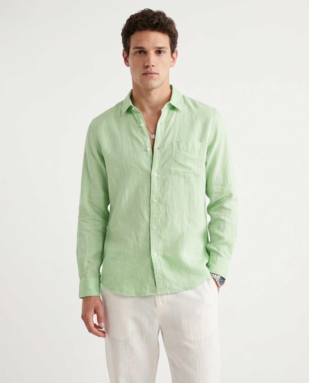 P Green Cotton Linen Blend Shirt