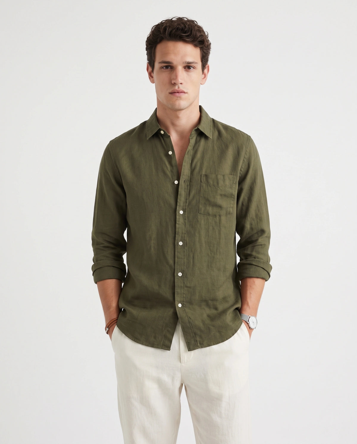 Olive Green Linen Blend Shirt