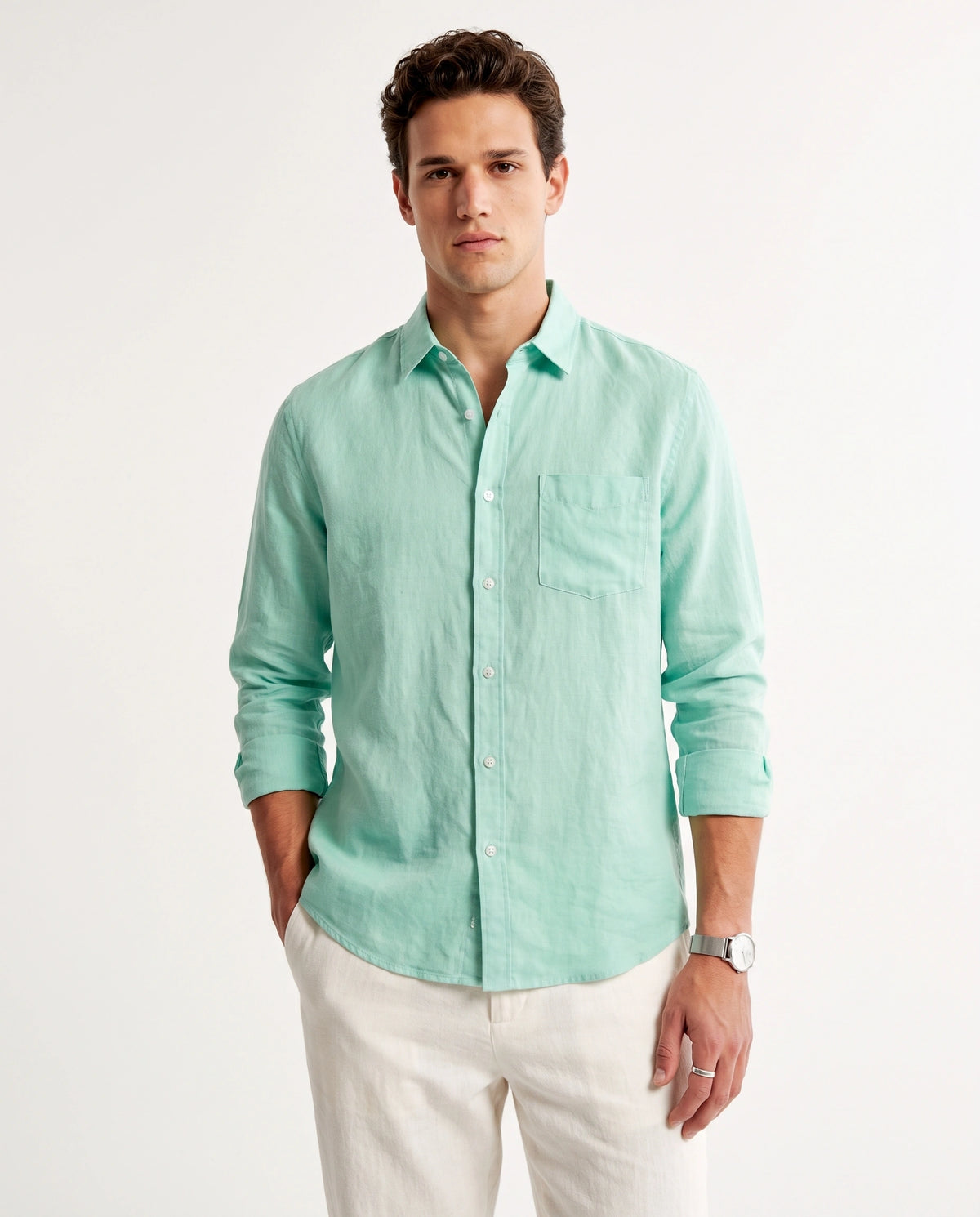 P Blue Cotton Linen Blend Shirt