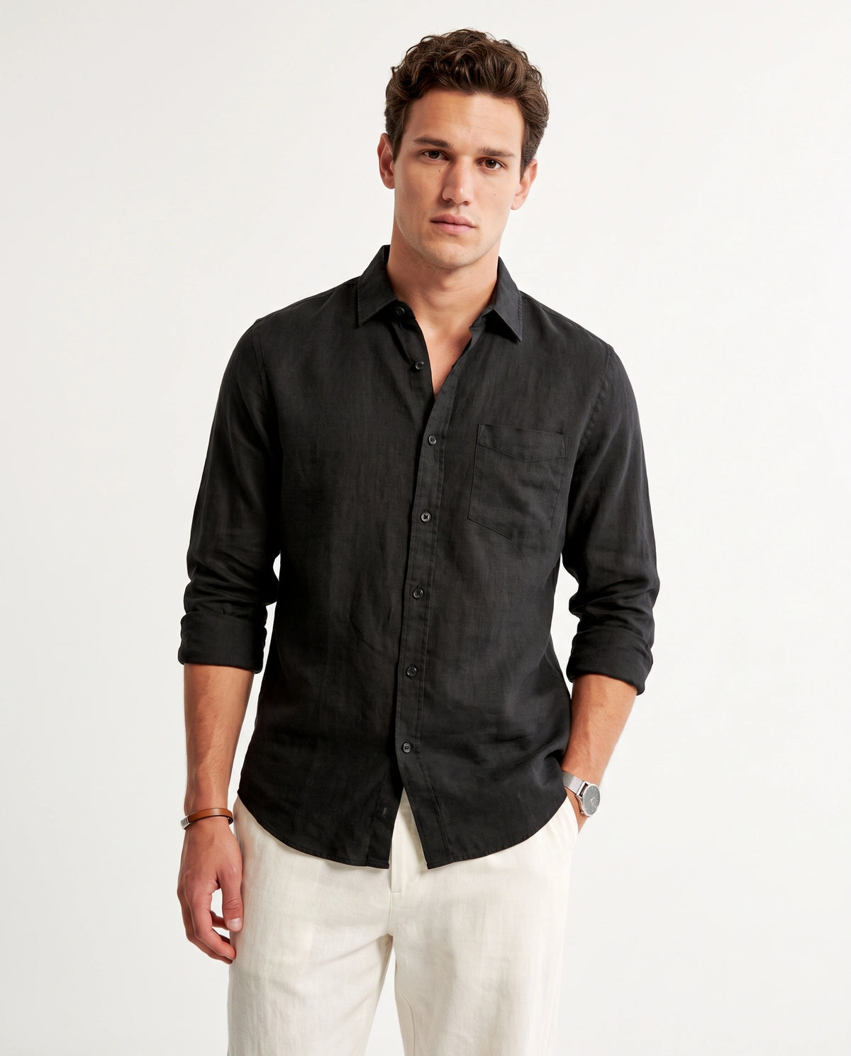 Black Solid Linen Blend Shirt(black buttons)