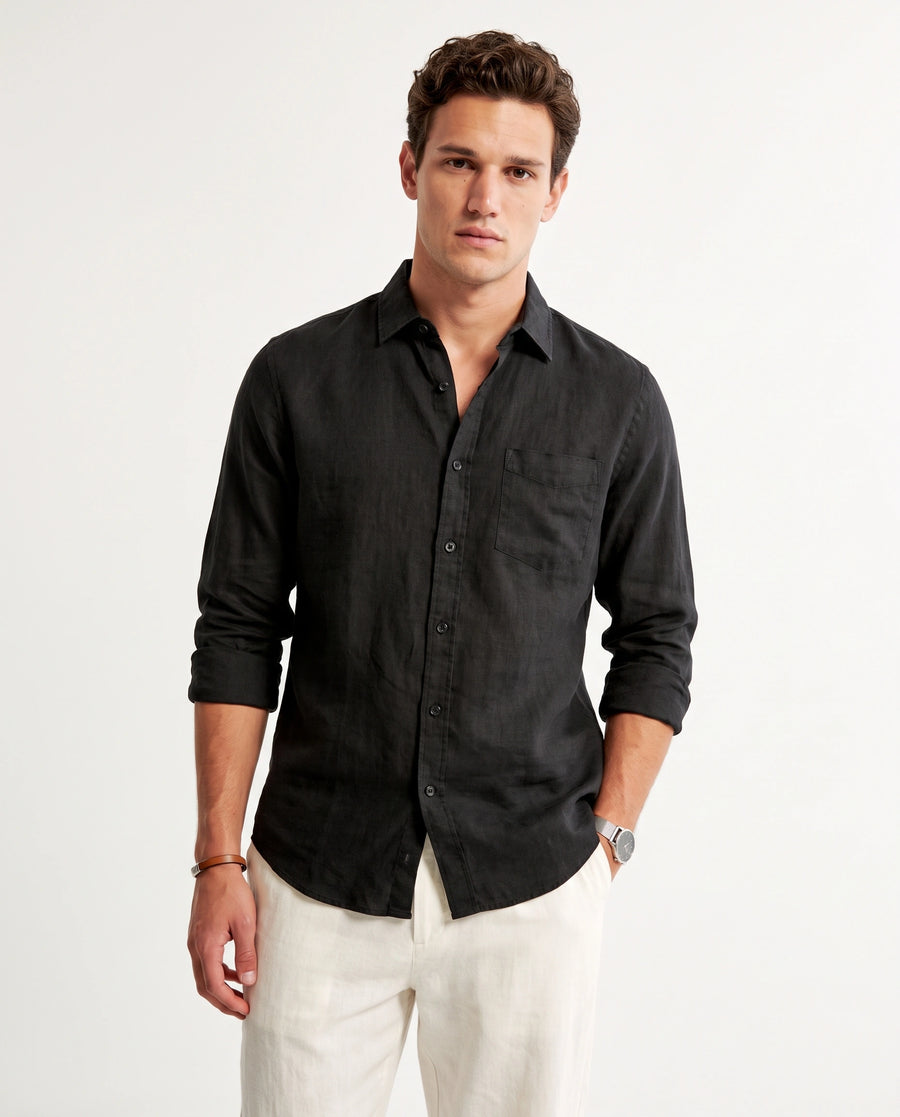Black Solid Linen Blend Shirt(black buttons)