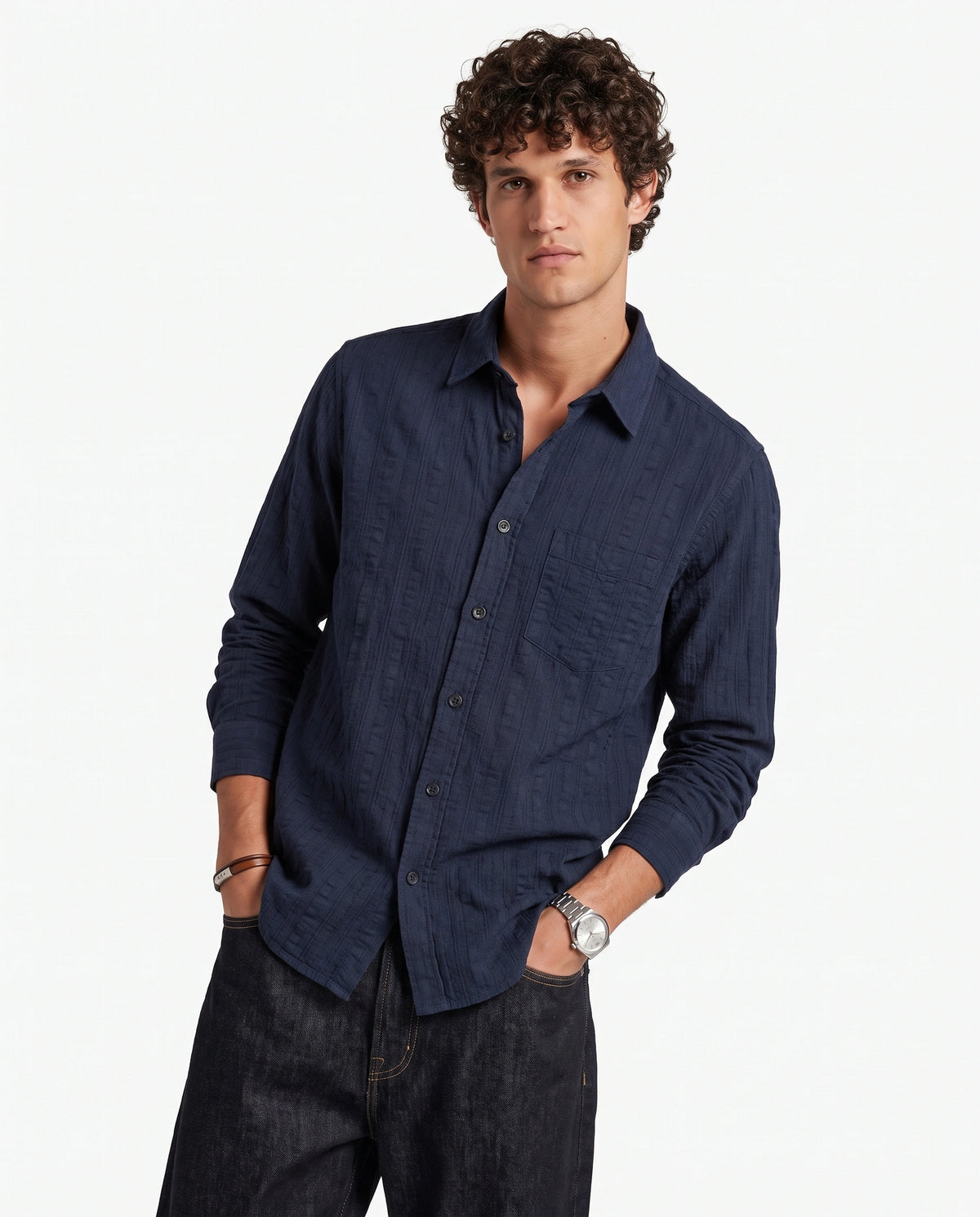 Navy Blue Textured Pure Cotton Shirt