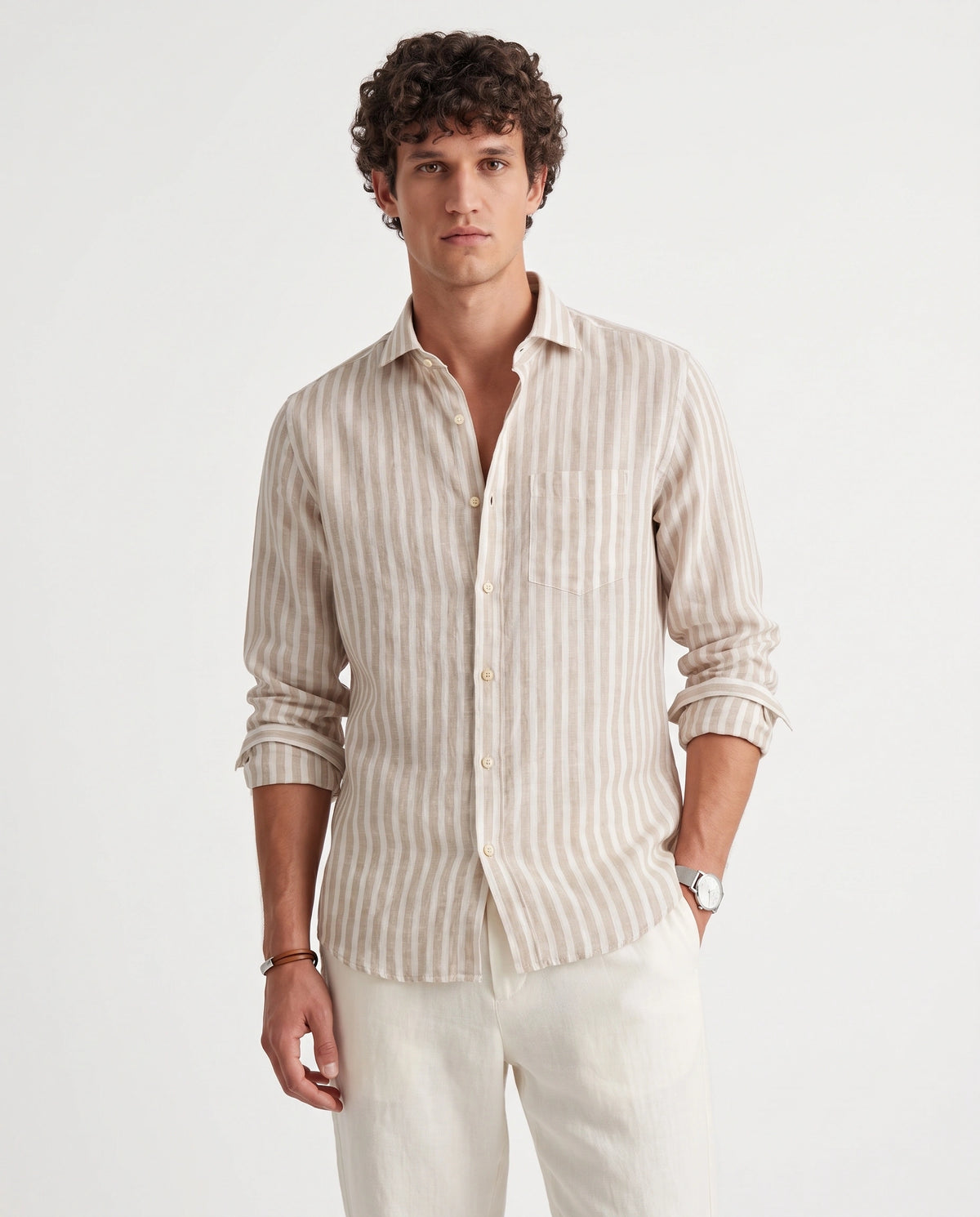 Beige Striped Linen Blend Shirt