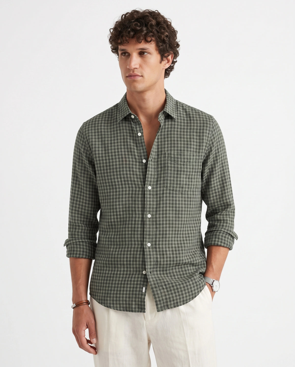 Green Checkered Linen Blend Shirt