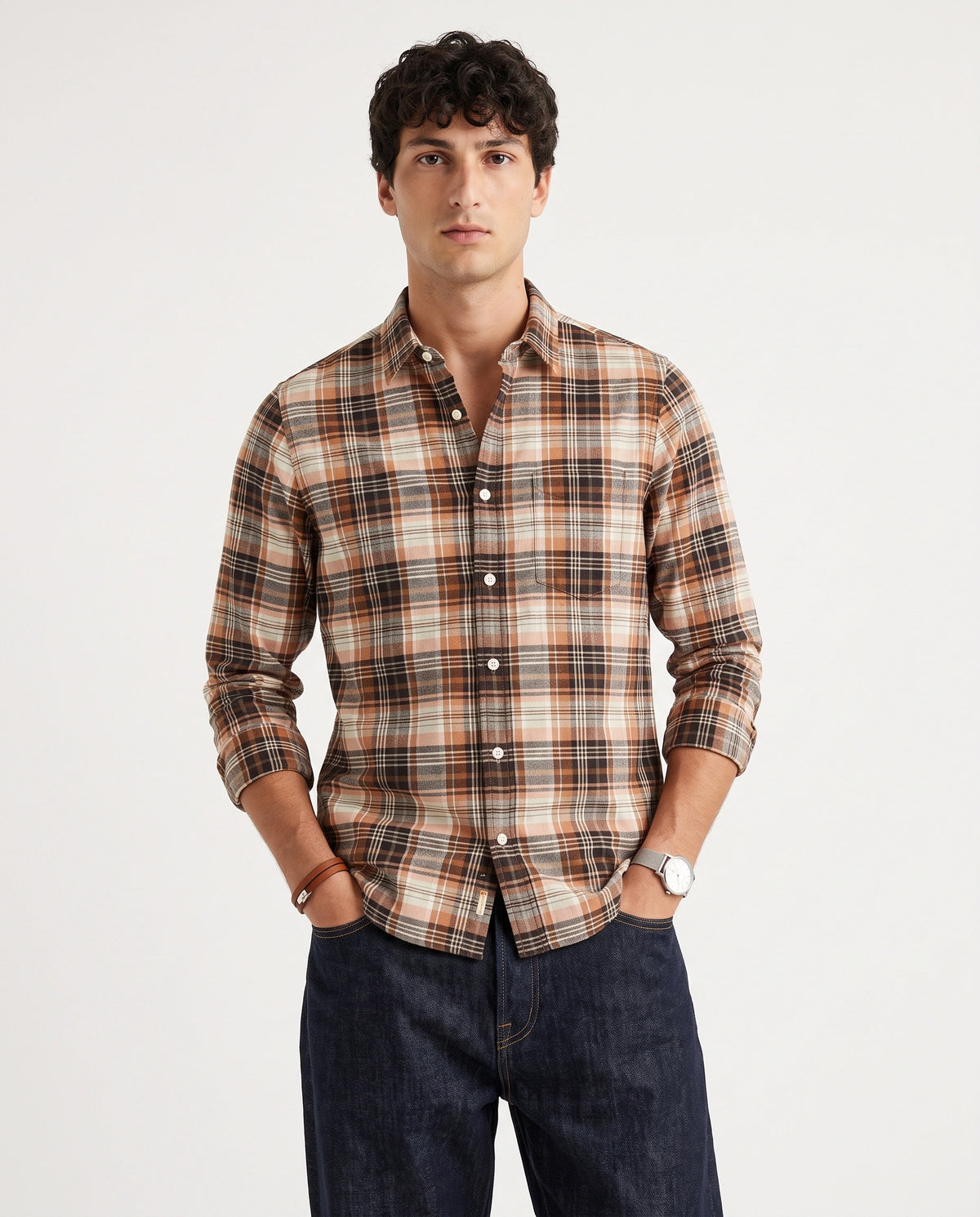 Orange Black Checkered Cotton Shirt